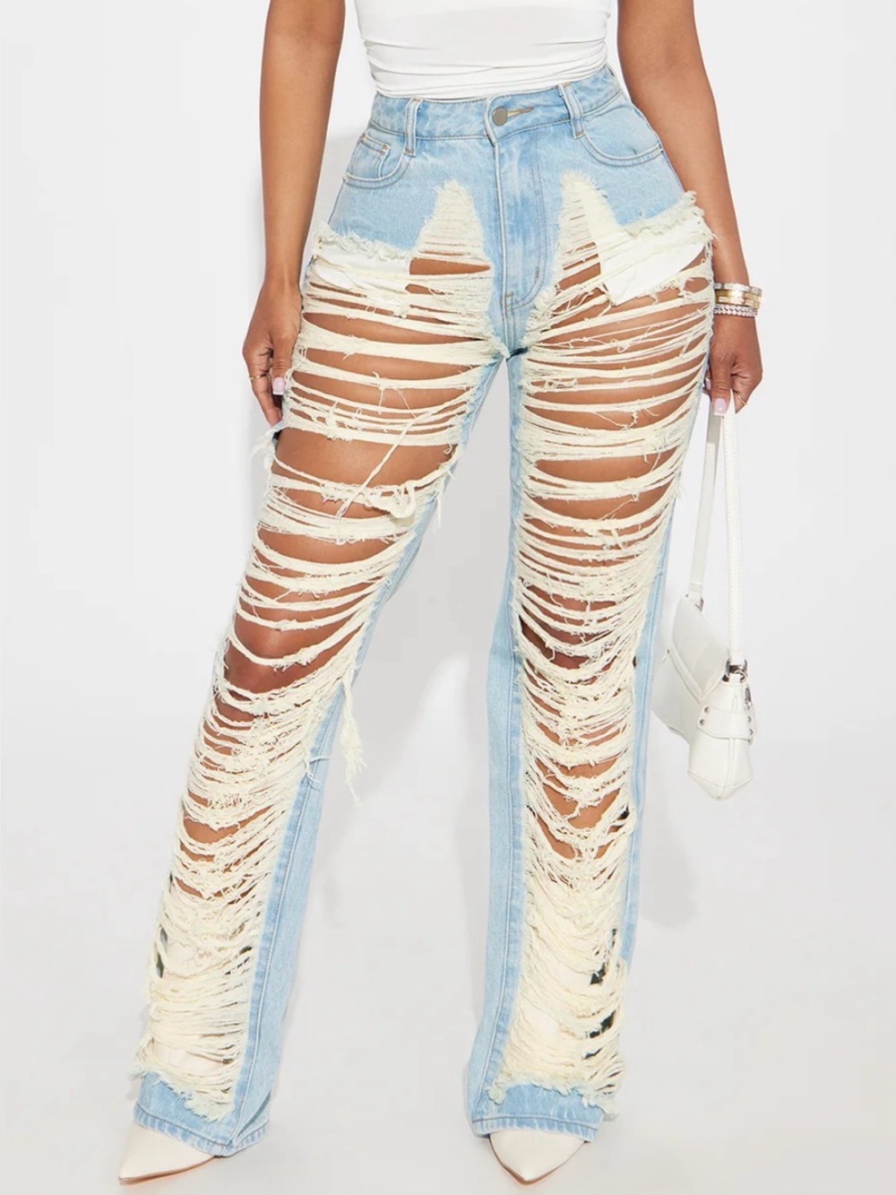 Fashion Nova Light Blue Extreme Shredded High Rise Jeans